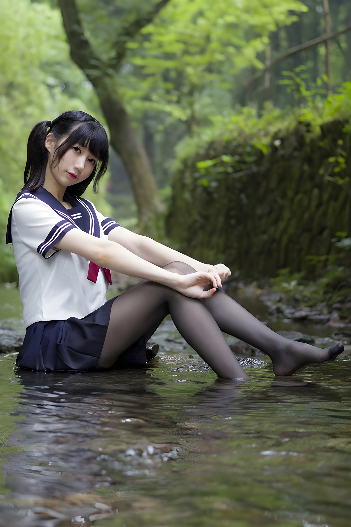 魔物喵黑丝制服野外写真：激萌学生妹的性感与清纯碰撞